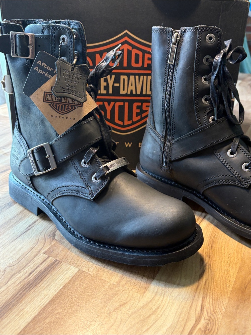 Harley-Davidson Men's Black Leather Lace-Up & Buckle Moto Boots. Ranger, size 9
